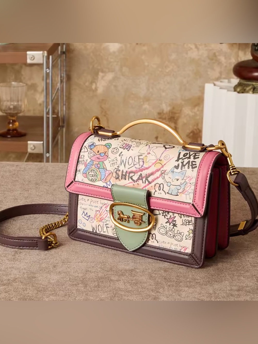 Others Follow Pink Multicolor Leather Satchel with Green Accent